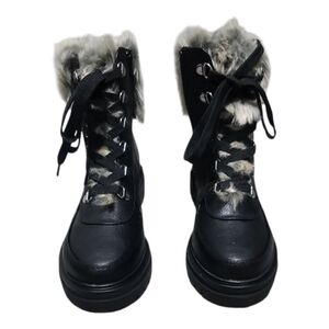 Sun Stone Womens  Black Faux Leather Fur Cuffed Lace-Up Boots Size 6 NWOT